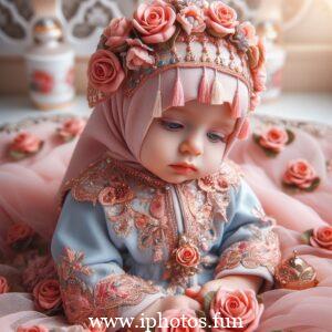 A baby doll in a pink dress and white hat, sitting peacefully on a shelf.