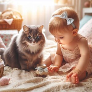 A baby girl giggling while playing with a curious cat inside a cozy basket.