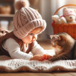 A baby girl giggling while playing with a curious cat inside a cozy basket.