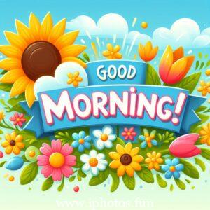 A vector illustration depicting a serene morning scene with a warm sunrise, birds chirping, and flowers blooming. Good Morning Image 4k HD