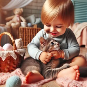 A baby girl giggling while playing with a curious cat inside a cozy basket.