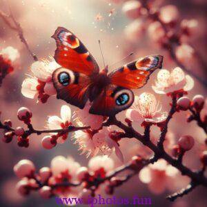 A butterfly landing on a blooming cherry branch