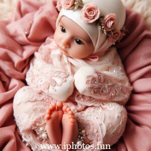 A baby doll in a pink dress and white hat, sitting peacefully on a shelf.