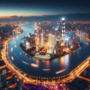 City skyline at night, with a large illuminated and a river sparkling below