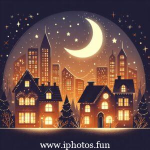 A serene night scene with a cityscape in the background, featuring a beautiful "good night" card