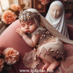 A baby doll in a pink dress and white hat, sitting peacefully on a shelf.