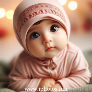 A baby doll in a pink dress and white hat, sitting peacefully on a shelf.