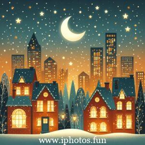 A serene night scene with a cityscape in the background, featuring a beautiful "good night" card