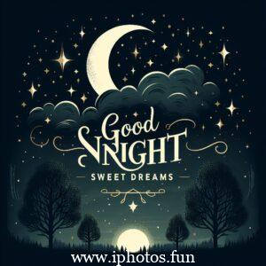 Good night sweet dreams vector illustration: A serene night sky with a crescent moon, stars, and a sleeping moon-shaped character