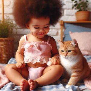 A baby girl giggling while playing with a curious cat inside a cozy basket.