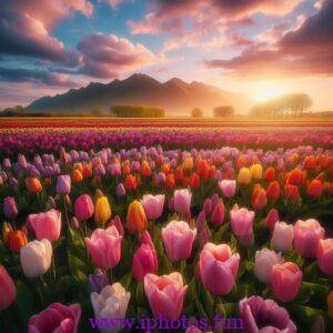 A field of tulips in different colors under a blue sky