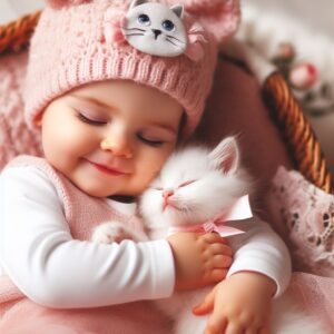 A baby girl giggling while playing with a curious cat inside a cozy basket.