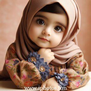 A baby doll in a pink dress and white hat, sitting peacefully on a shelf.