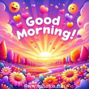 A cheerful cartoon of a morning scene with colorful flowers and birds chirping happily