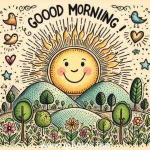 A cheerful good morning card featuring a bright sun and colorful flowers