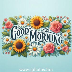 A vector illustration depicting a serene morning scene with a warm sunrise, birds chirping, and flowers blooming. Good Morning Image 4k HD