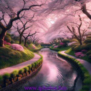 A serene cherry blossom park in full bloom with petals gently falling into a meandering stream.