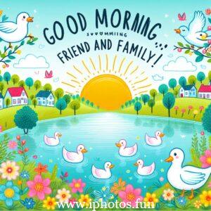 A colorful vector image depicting friends and family happily saying "good morning" to each other.