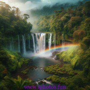 A rainbow over a waterfall surrounded by lush vegetation