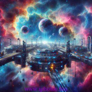 Spaceport docks where starships are fueled by the colorful gases of a nebula