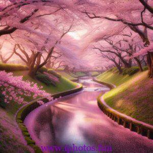 A serene cherry blossom park in full bloom with petals gently falling into a meandering stream.