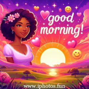 A vector illustration depicting a serene morning scene with a warm sunrise, birds chirping, and flowers blooming.