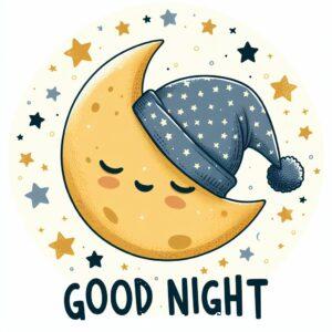 Cartoon moon wearing a hat surrounded by stars on a white background with the words "good night"