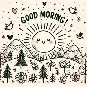 A cheerful good morning card featuring a bright sun and colorful flowers