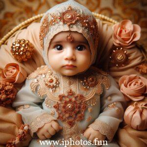 A baby doll in a pink dress and white hat, sitting peacefully on a shelf.