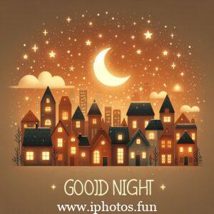 A serene night scene with a cityscape in the background, featuring a beautiful "good night" card