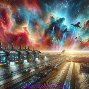 Spaceport docks where starships are fueled by the colorful gases of a nebula