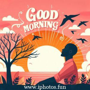 A vector illustration depicting a serene morning scene with a warm sunrise, birds chirping, and flowers blooming.