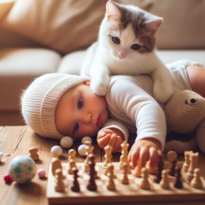 A baby girl giggling while playing with a curious cat inside a cozy basket.