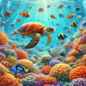 An underwater scene teeming with colorful coral, busy clownfish, and a gentle sea turtle