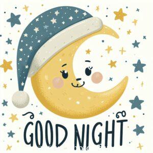 Cartoon moon wearing a hat surrounded by stars on a white background with the words "good night"