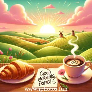 Good morning friends vector illustration: A cheerful image depicting friends greeting each other in the morning