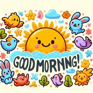 A cheerful cartoon of a morning scene with colorful flowers and birds chirping happily