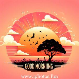 A beautiful vector graphic showing a tranquil morning setting with a sunrise, fluffy clouds, and a colorful landscape