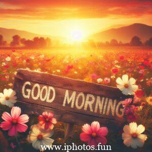 A vector illustration depicting a serene morning scene with a warm sunrise, birds chirping, and flowers blooming. Good Morning Image 4k HD