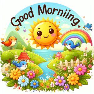 A cheerful cartoon of a morning scene with colorful flowers and birds chirping happily