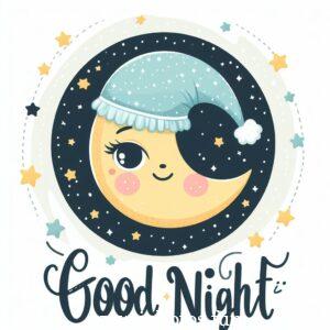 Cartoon moon wearing a hat surrounded by stars on a white background with the words "good night"