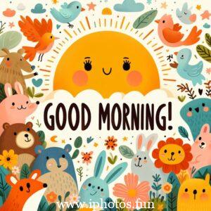 A cheerful cartoon of a morning scene with colorful flowers and birds chirping happily