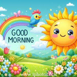 A cheerful cartoon of a morning scene with colorful flowers and birds chirping happily