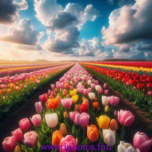 A field of tulips in different colors under a blue sky