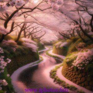 A serene cherry blossom park in full bloom with petals gently falling into a meandering stream.