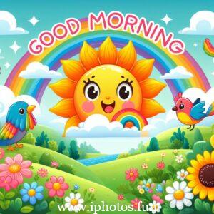 A cheerful cartoon of a morning scene with colorful flowers and birds chirping happily