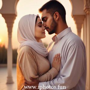 A loving Muslim couple holding each other tightly as the sun sets behind them