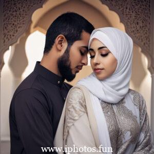 A loving Muslim couple holding each other tightly as the sun sets behind them