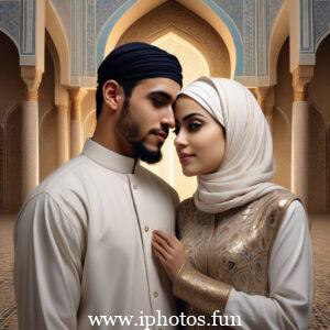 An affectionate Muslim couple hugging with the sunset creating a romantic backdrop