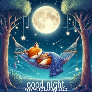 Cute illustration of a fox and teddy bear sleeping in a hammock under the moon and stars